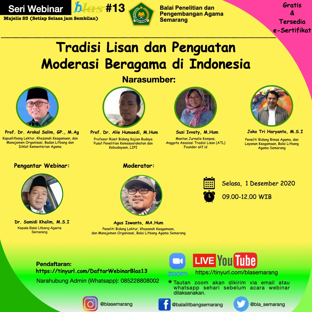 Materi Webinar 13 : Tradisi Lisan dan Penguatan Moderasi Beragama di Indonesia
